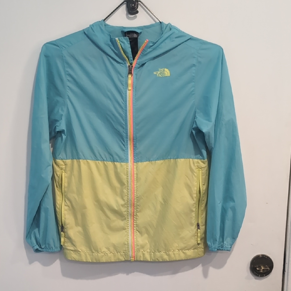 The North Face Girls 14/16 Teal and Yellow Jacket Lightweight Nylon Rain Retro